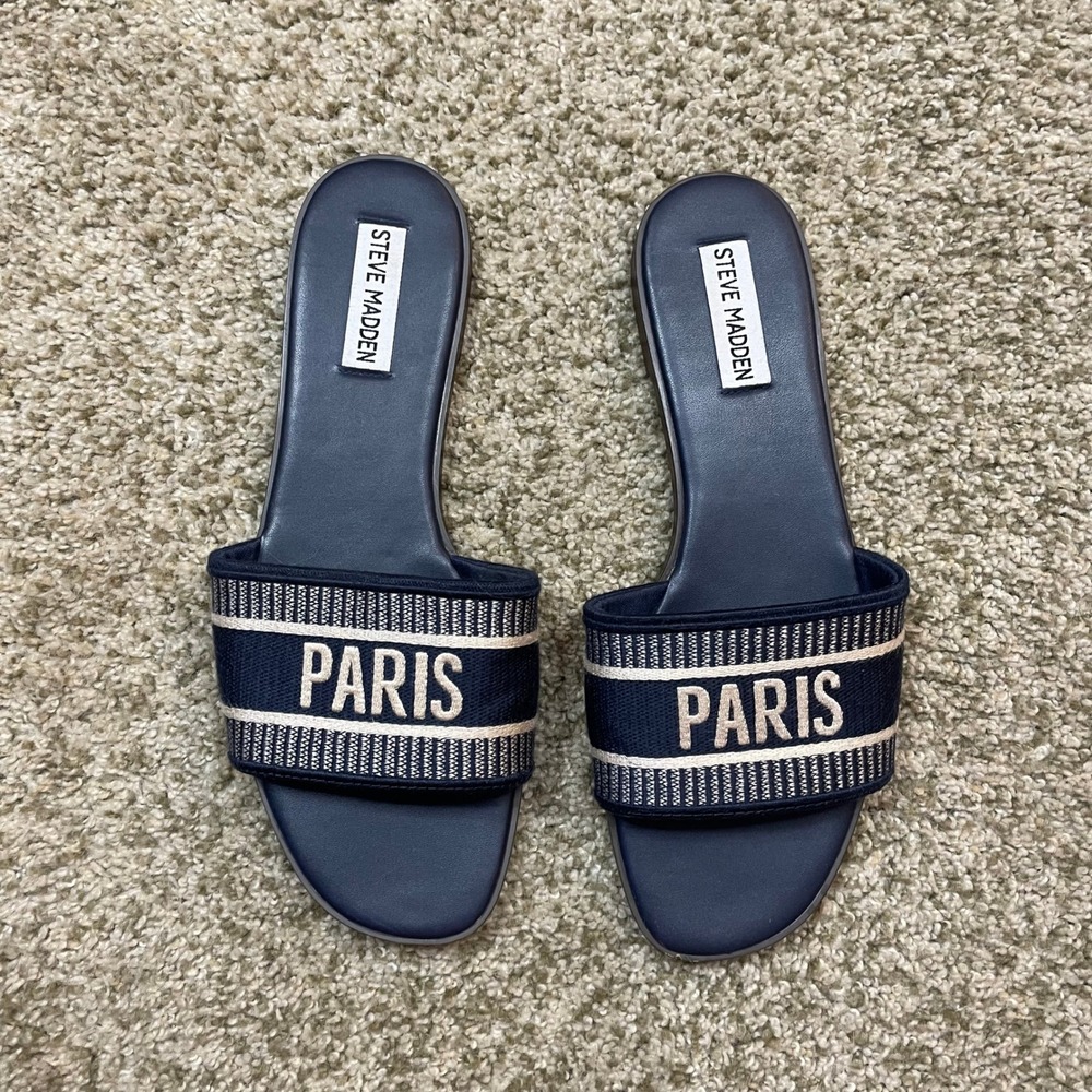 Steve Madden Knox Paris Navy Fabric Slide Sandals Flat Preppy Euro Summer 8M